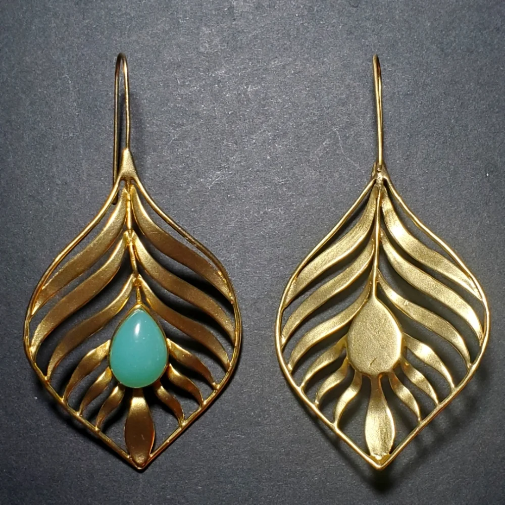 14K GOLD PLATED Handcrafted Leaf Shaped with Turquoise Glass Teardrop